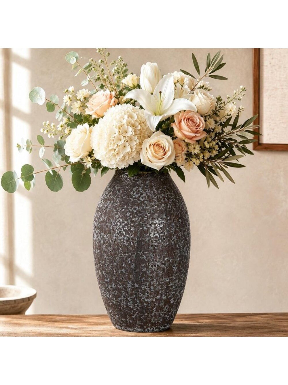 7.08 Inch Rustic Table Cream Ceramic Flower Vase Speckled Bubble Glaze Home Deco